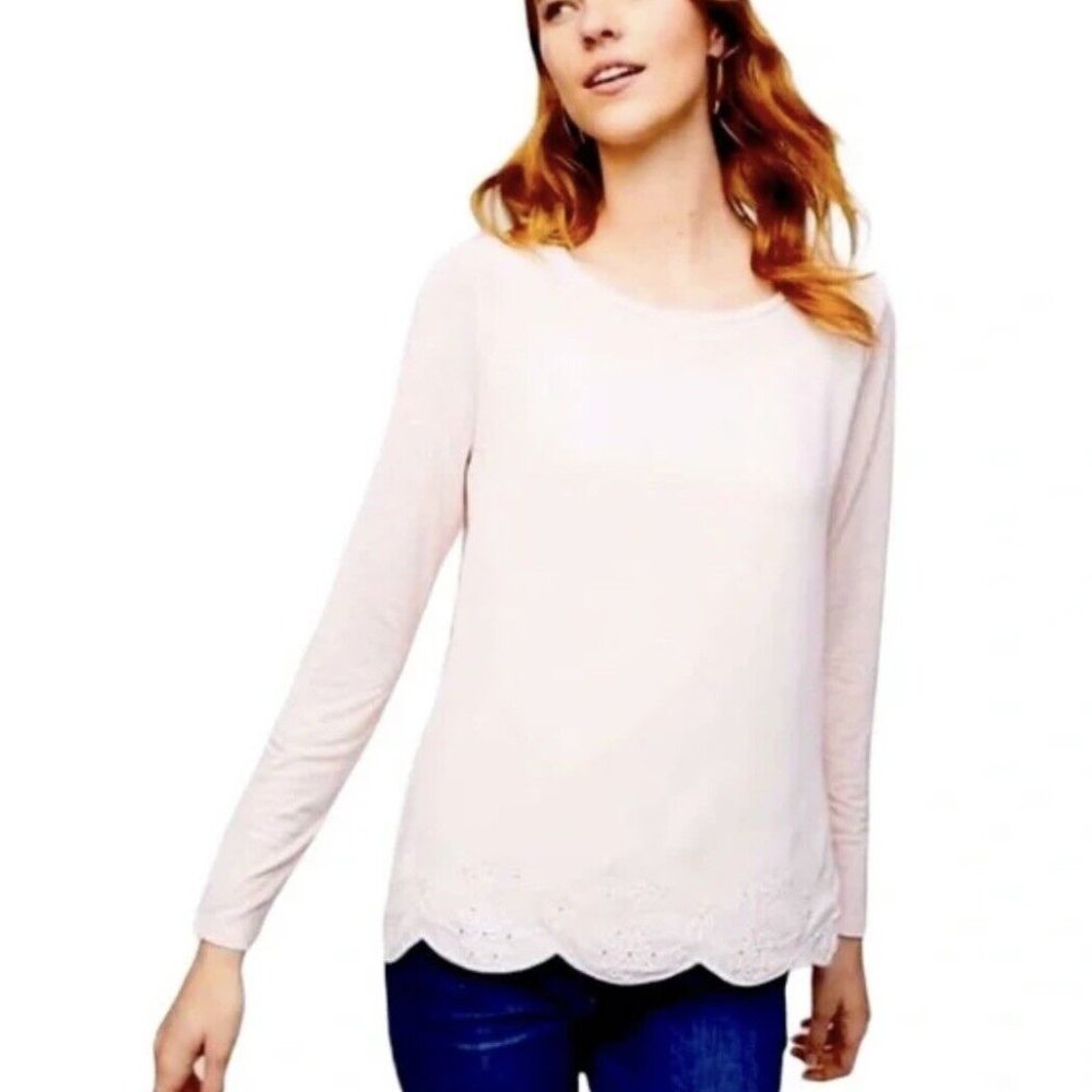 Loft Blouse Size L Blush Pink Crew Neck Scalloped Embroidered Hem Long Sleeve